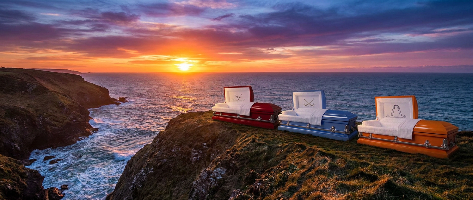 Endgame coastline with red, blue, and orange caskets at sunset
