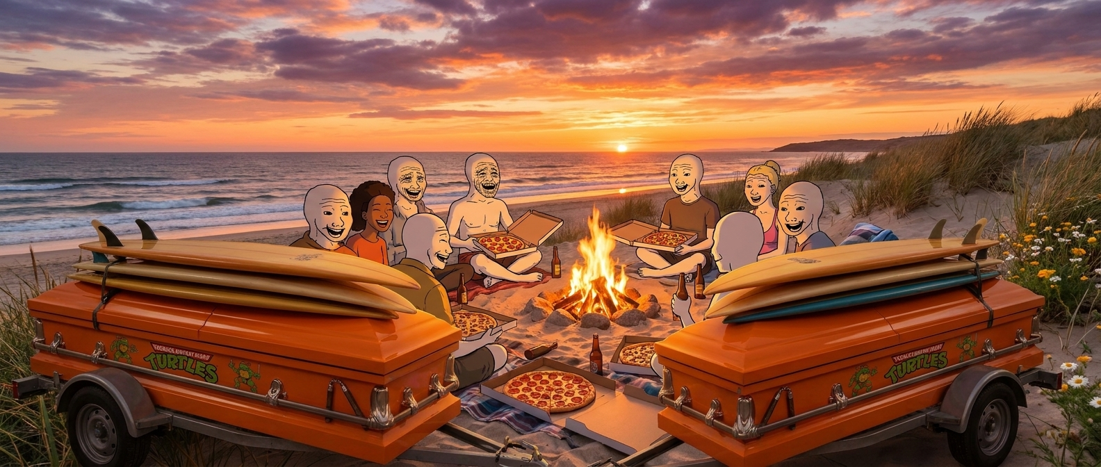 Orange beach sunset casket scene with pizza and friends