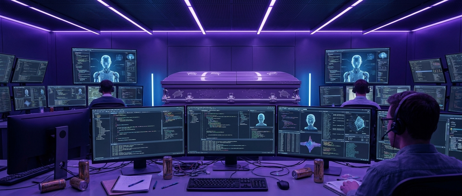 Purple builder operations room with code and casket
