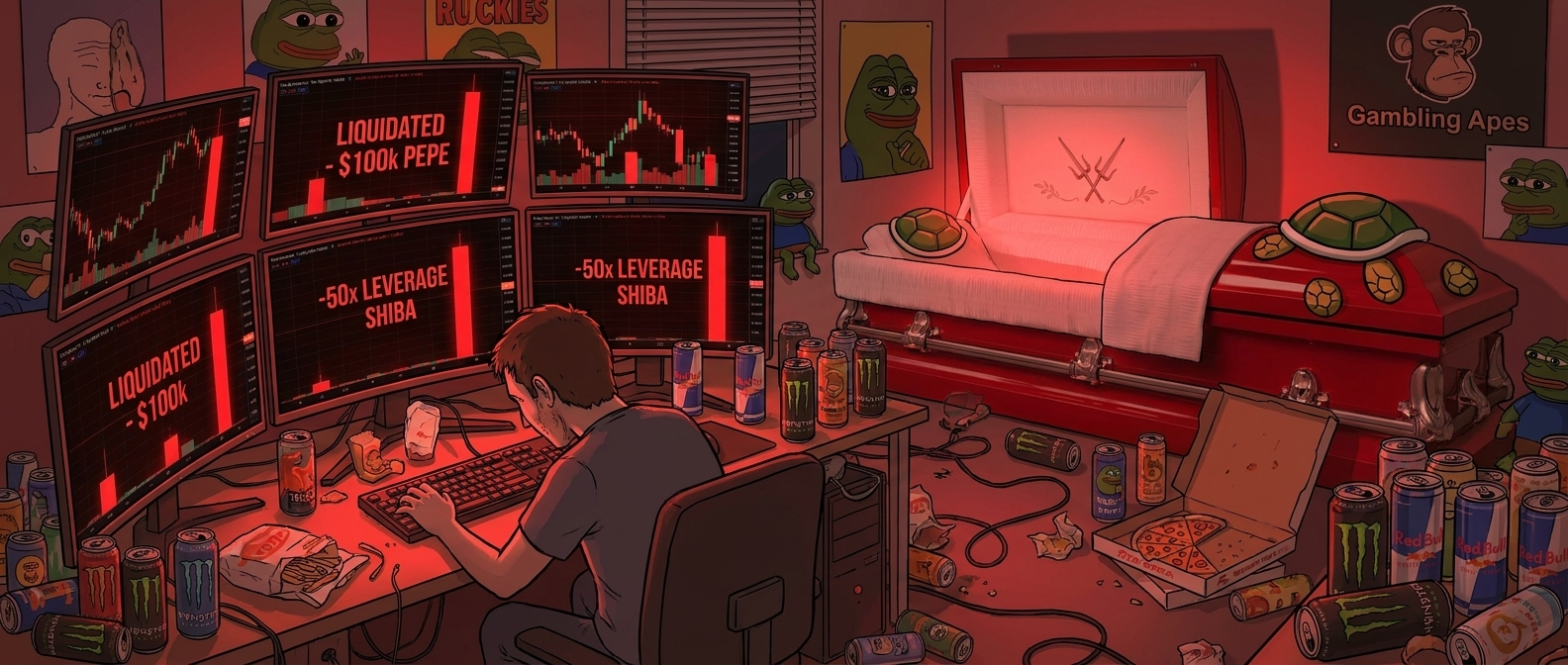 Red degen casket scene with liquidation screens